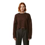 Kadın Casual Crop Oversize Bisiklet Yaka Triko Kazak Düşük Kol Akıtma Detaylı Konforlu Şık -Kahverengi-S