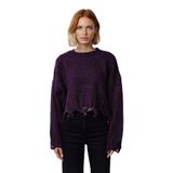 Kadın Casual Crop Oversize Bisiklet Yaka Triko Kazak Düşük Kol Akıtma Detaylı Konforlu Şık -Mor-S