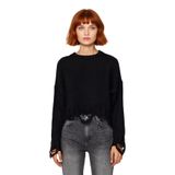 Kadın Casual Crop Oversize Bisiklet Yaka Triko Kazak Düşük Kol Akıtma Detaylı Konforlu Şık -Siyah-L