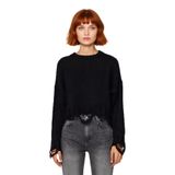 Kadın Casual Crop Oversize Bisiklet Yaka Triko Kazak Düşük Kol Akıtma Detaylı Konforlu Şık -Siyah-S