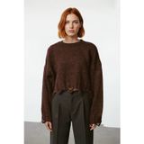 Kadın Casual Crop Oversize Bisiklet Yaka Triko Kazak Düşük Kol Akıtma Detaylı Konforlu Şık
