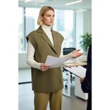 Kadın Ceket Yaka Dokuma Kumaş Kruvaze Oversize Yelek Toka Detaylı Astarlı Regular Boy Büyük Beden