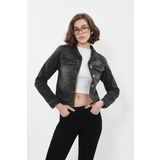 Kadın Cep Detaylı Slim Fit Koyu Gri Jean Ceket