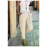 Kadın Cepli Beli Lastikli Dik Çizgili Duble Paça Rahat Yazlık Pantolon 700-3277187