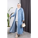 Kadın Cepli Düğmeli Kapüşonlu Denim Kot Trençkot - Açık Mavi - 46