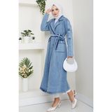 Kadın Cepli Kuşaklı Denim Mavi Trençkot - 38