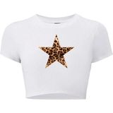 Kadın Ciao Leopar Yıldız Desenli Crop T-Shirt Beyaz
