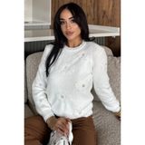 Kadın Çiçek Baskılı Taşlı Sakallı Triko Kazak (S-M-L Beden Uyumludur.) P-00018050 - Krem - Standart
