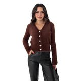 Kadın Çiçek Düğmeli Tüylü Hırka – Soft Bloom, kahverengi, standart