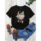 Kadın Çiçek ve Tüy Baskılı T-Shirts - Siyah - XL