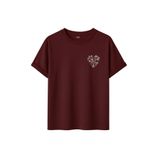 Kadın Çiçekli Kalp Baskılı T-Shirt, Minimalist Desenli Pamuklu Kısa Kollu Tişört, 10+ Renk Seçeneği (Bordo, 2XL)