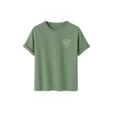 Kadın Çiçekli Kalp Baskılı T-Shirt, Minimalist Desenli Pamuklu Kısa Kollu Tişört, 10+ Renk Seçeneği (Çağla, M)