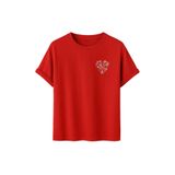 Kadın Çiçekli Kalp Baskılı T-Shirt, Minimalist Desenli Pamuklu Kısa Kollu Tişört, 10+ Renk Seçeneği (Kırmızı, 2XL)