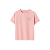 Kadın Çiçekli Kalp Baskılı T-Shirt, Minimalist Desenli Pamuklu Kısa Kollu Tişört, 10+ Renk Seçeneği (Pudra, XL)