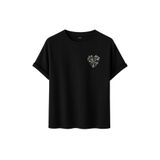 Kadın Çiçekli Kalp Baskılı T-Shirt, Minimalist Desenli Pamuklu Kısa Kollu Tişört, 10+ Renk Seçeneği (Siyah, XL)