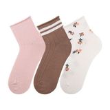 Kadın Çiçekli Pembe 3lü Lastiksiz Soket Çorap ONL-02672 - Renkli - 34 - 36