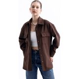 Kadın Çift Cepli Oversize Kaşe Gömlek Ceket - 0-Kahverengi - XL