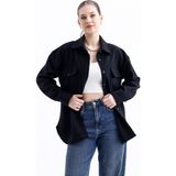 Kadın Çift Cepli Oversize Kaşe Gömlek Ceket - 0-Siyah