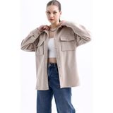 Kadın Çift Cepli Oversize Kaşe Gömlek Ceket - 0019 Bej - XL