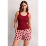 Kadın Çilek Desenli Şortlu Pijama Takımı Bordo Basic Atletli Ev Giyim- Rahat Yazlık Takım Bordo