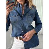 Kadın Çıt Çı Kapamalı Çift Cepli Yakası Taş Detaylı Likralı Slim Fit Üst Düzey Jean Gömlek - Orta Mavi