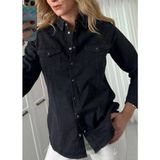 Kadın Çıt Çı Kapamalı Çift Cepli Yakası Taş Detaylı Likralı Slim Fit Üst Düzey Jean Gömlek - Siyah