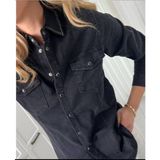Kadın Çıt Çı Kapamalı Çift Cepli Yakası Taş Detaylı Likralı Slim Fit Üst Düzey Jean Gömlek - XL - Siyah