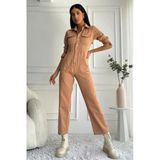 Kadın Çıt Çıt Düğmeli Uzun Kollu Denim Kiremit Tulum