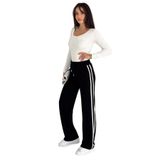 Kadın Çizgili Bağcıklı Bol Paça Eşofman Altı & Pantolon – Sportif & Günlük Konfor, siyah, l