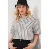 Kadın Çizgili Crop Gömlek 20342 - Siyah - 38