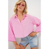 Kadın Çizgili Oversize Kısa Gömlek 20326 - Pembe - 42