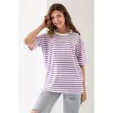 Kadın Çizgili Oversize Kısa Kollu Viskon Penye Bluz (Lila Beyaz, M)