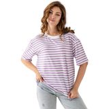 Kadın Çizgili Oversize Kısa Kollu Viskon Penye Bluz (Lila Beyaz, S)