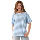 Kadın Çizgili Oversize Kısa Kollu Viskon Penye Bluz (Mavi Beyaz, M)