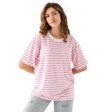 Kadın Çizgili Oversize Kısa Kollu Viskon Penye Bluz (Pembe Beyaz, S)
