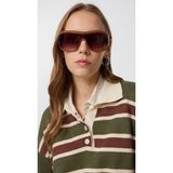 Kadın Çizgili Polo Yaka Triko Kazak – Düğmeli, Oversize Rahat Kesim, Trend Günlük Stil - Haki - Kahverengi - Standart