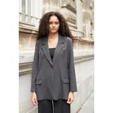 Kadın Çizgili Yakalı Cep Kapaklı Kolları Düğmeli Boyfriend Blazer Ceket-Antrasit Çizgi - 42