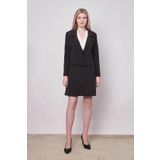 Kadın Çizgili Yakalı Uzun Kol Hafif Likralı Kumaş Kısa Blazer Ceket-Siyah Çizgi