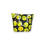 Kadın Çok Amaçlı Büyük Boy İçi Astarlı Fermuarlı Siyah Renkli Emoji Desenli Örgülü Yumuşak Saplı Deniz Plaj El ve Omuz Çantası