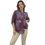 Kadın Çok Renk Desenli İtalyan Stil Yarım Düğmeli Hakim Yaka Gömlek (Mürdüm, 2XL)