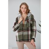 Kadın Çok Renkli Haki Oduncu Oversize Kapüşonlu Ceket Gömlek - 2XL