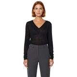 Kadın Cool & Comfort Tarzı V Yaka Uzun Kollu Polyester Örme Bluz Regular Kalıp İnce Kumaş Kış_Siyah-M