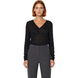 Kadın Cool & Comfort Tarzı V Yaka Uzun Kollu Polyester Örme Bluz Regular Kalıp İnce Kumaş Kış_Siyah-S