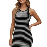 Kadın Cotton Kaşkorse Beyaz üstü Siyah Çizgili Halter Yaka Mini Elbise Standart Beden