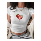Kadın Crop Baby Tee Çilek Baskılı Dar Kesim %100 Pamuk Y2k Estetik Tişört