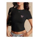 Kadın Crop Baby Tee Fiyonk Baskılı Dar Kesim Y2k Estetik %100 Pamuk Basic Tişört