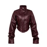 Kadın Crop Deri Ceket Korse Detaylı Dik Yaka Fermuarlı Suni Deri Ceket (Bordo, S)