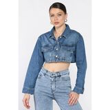 Kadın Crop Top Jean Kot Ceket P-00017199 - 42 - Lacivert