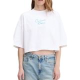 Kadın Cropped Boxy Fit Zincir Dikiş Logolu T-Shirt - Beyaz