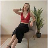 Kadın Dantel Bralet Crop Sütyen V Yaka Askılı Şık Esnek Rahat - Kırmızı